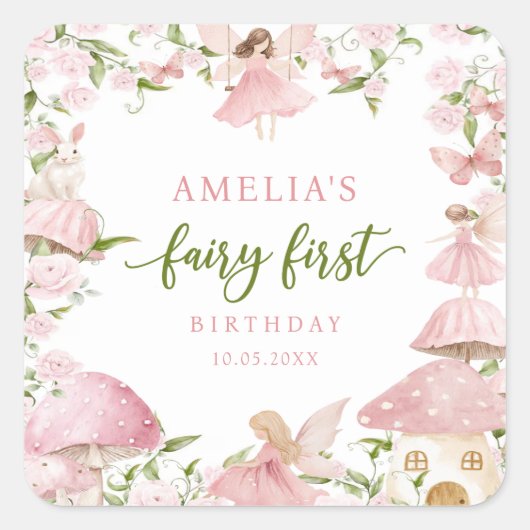 Pink Fairy First Birthday Party Sticker (Voorkant)