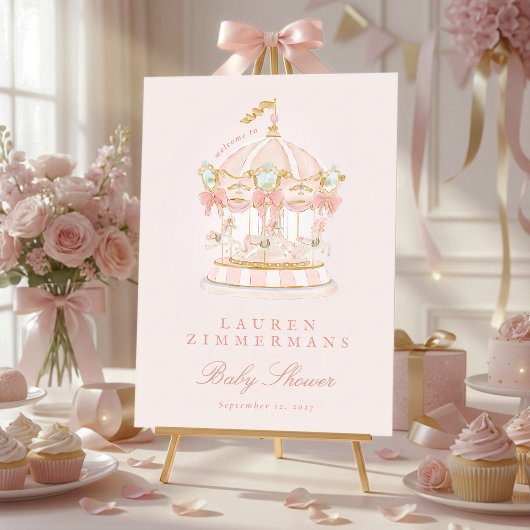 pink fairytale carousel baby shower welcome sign poster