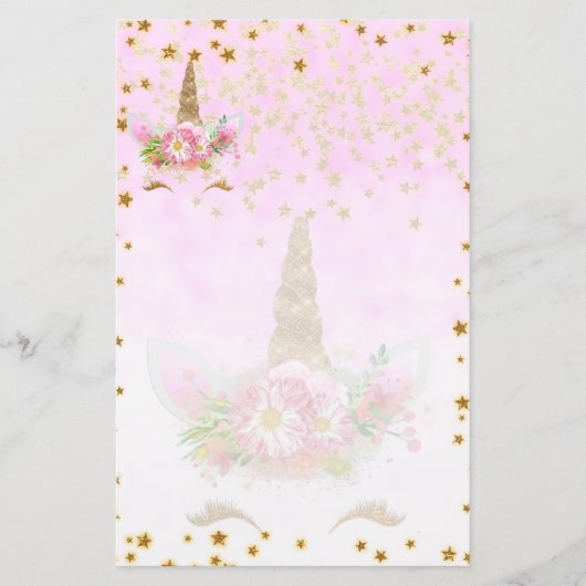 Pink Fantasy en Golden Stars Unicorn Briefpapier (Voorkant)