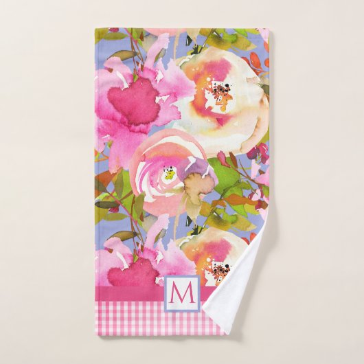 Pink Farmhouse Waterverf Floral | Monogram control Bad Handdoek (Handdoek)