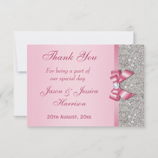 Pink Faux Bow & Diamonds Hartelijk dank Bedankkaart (Achterkant)