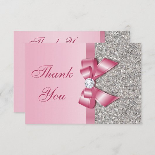 Pink Faux Bow & Diamonds Hartelijk dank Bedankkaart (Voorkant / Achterkant)
