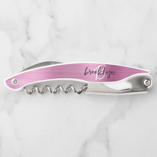 Pink Faux Brushed Metal Monogram Script Kurkentrekker (Achterkant)