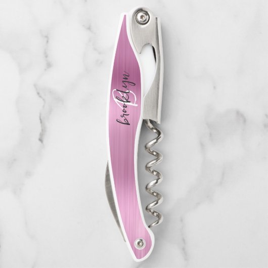 Pink Faux Brushed Metal Monogram Script Kurkentrekker (Achterkant)