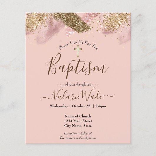 Pink Faux Glitter Budget Baptism Flyer (Voorkant)