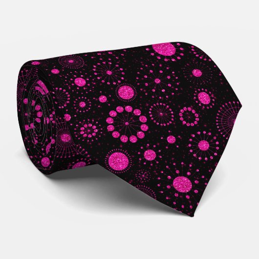 Pink Faux Glitter Circles Pattern On Black Stropdas (Opgerold)