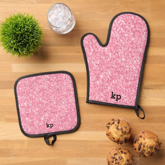 Pink Faux Glitter & Sparkles Monogram Ovenwant & Pannenlap Set (Top down)