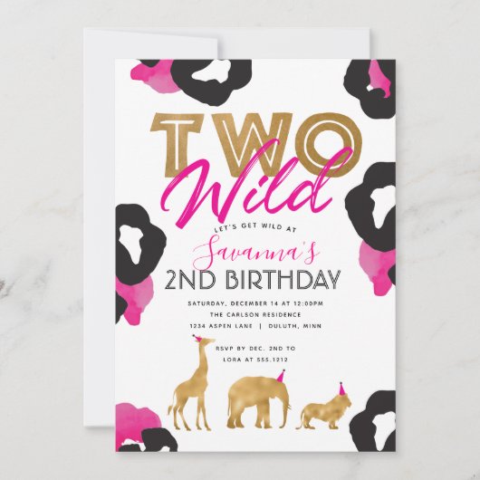 Pink Faux Gold Safari Twee Wild Verjaardag Uitnodi Kaart (Voorkant)