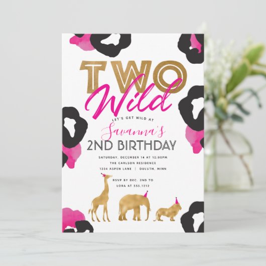 Pink Faux Gold Safari Twee Wild Verjaardag Uitnodi Kaart (Staand voorkant)