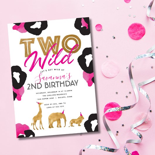 Pink Faux Gold Safari Twee Wild Verjaardag Uitnodi Kaart