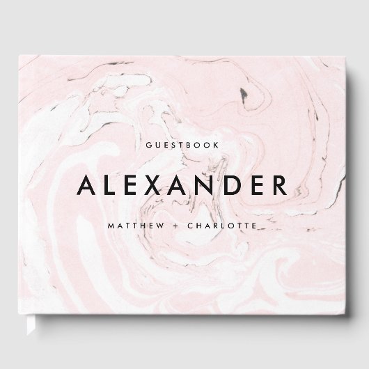 PInk Faux Marble Modern Wedding Guestbook Gastenboek (Voorkant)