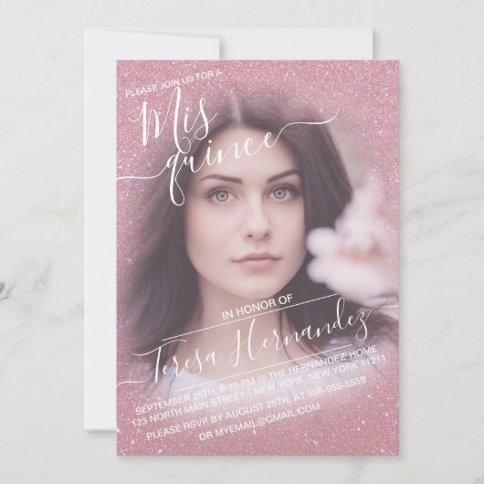 Pink Faux Sparkly Glitter Ombre Photo Quinceañera Kaart (Voorkant)