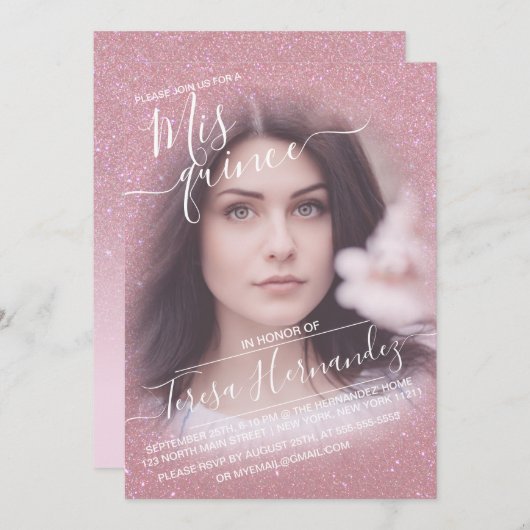 Pink Faux Sparkly Glitter Ombre Photo Quinceañera Kaart (Voorkant / Achterkant)