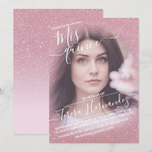 Pink Faux Sparkly Glitter Ombre Photo Quinceañera Kaart