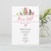 Pink Feather Boho Baby shower Uitnodiging (Staand voorkant)