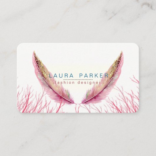 Pink Feathers Waterverf Boho Girly Chic Visitekaartje (Voorkant)