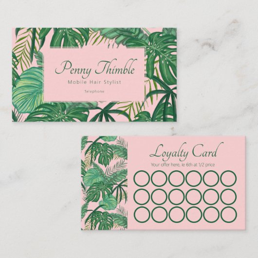 Pink Feminine Tropical Monstera Oerwoud Palm Klantenkaartje (Voorkant / Achterkant)
