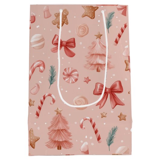 Pink Festive Christmas Whimsical Pattern Gift Bag  Medium Cadeauzakje (Achterkant)