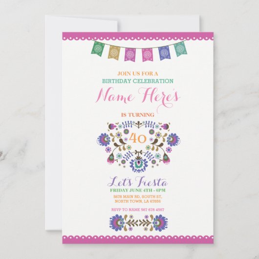 Pink Fiesta Birthday Floral Mexico Invitation Kaart (Voorkant)