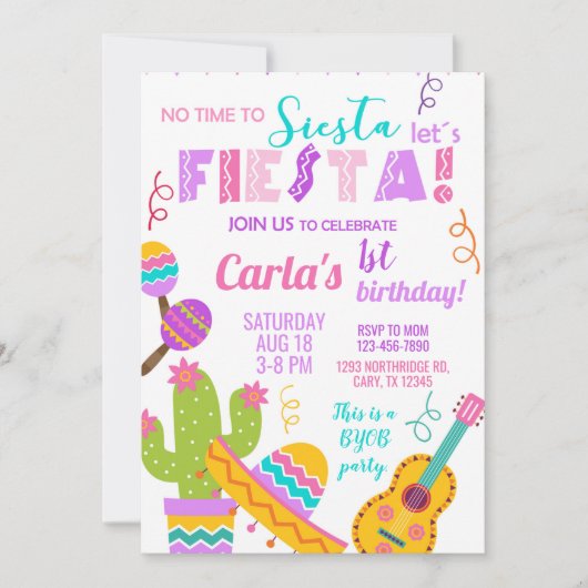 pink Fiesta girl birthday invitation, any age. Kaart (Voorkant)