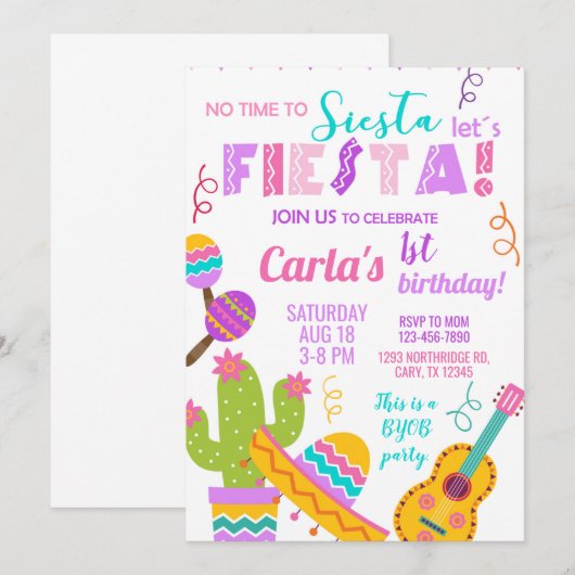 pink Fiesta girl birthday invitation, any age. Kaart (Voorkant / Achterkant)