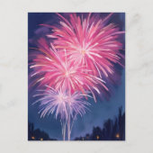 Pink Fireworks | Happy New Year Watercolor Briefkaart (Voorkant)