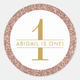 Pink First Birthday Roos Gold Glitter Ronde Sticker