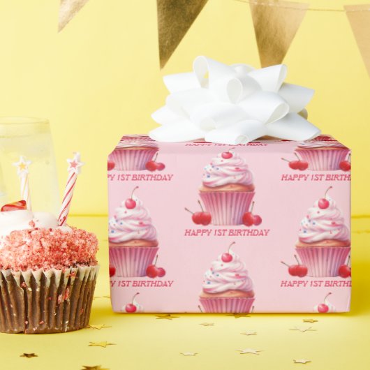 Pink First Cherry & Cupcake Birthday Party Cadeaupapier (Verjaardagsfeest)