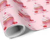 Pink First Cherry & Cupcake Birthday Party Cadeaupapier (Rol Hoek)
