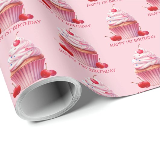 Pink First Cherry & Cupcake Birthday Party Cadeaupapier (Rol Hoek)