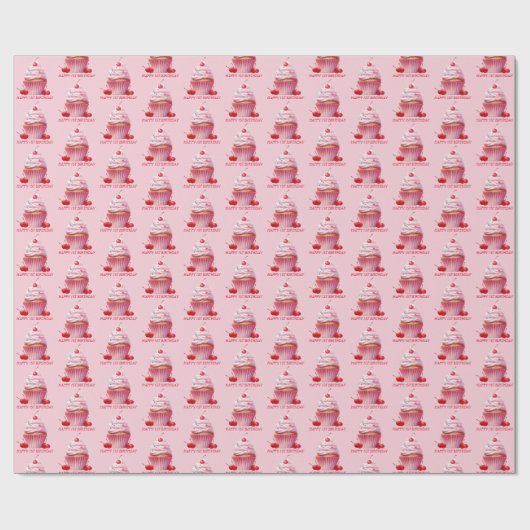 Pink First Cherry & Cupcake Birthday Party Cadeaupapier (Vlak)