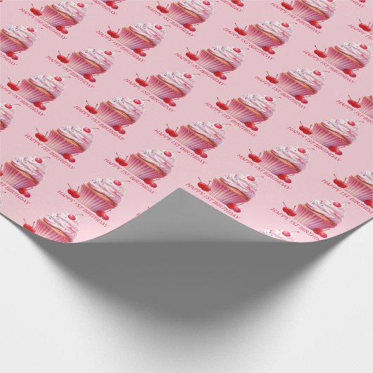 Pink First Cherry & Cupcake Birthday Party Cadeaupapier (Hoek)