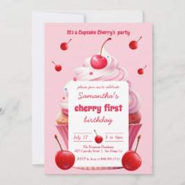 Pink First Cherry & Cupcake Birthday Party Kaart