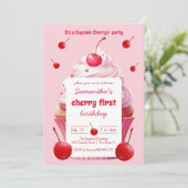Pink First Cherry & Cupcake Birthday Party Kaart (Staand voorkant)