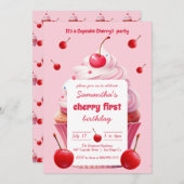 Pink First Cherry & Cupcake Birthday Party Kaart (Voorkant / Achterkant)