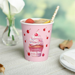 Pink First Cherry & Cupcake Birthday Party Papieren Bekers