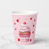 Pink First Cherry & Cupcake Birthday Party Papieren Bekers (Achterkant)