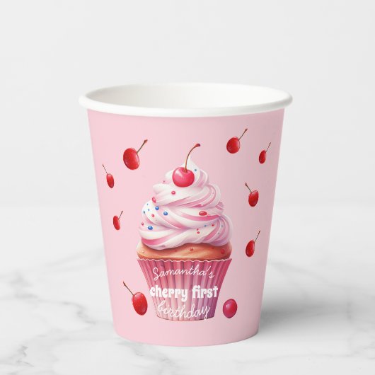 Pink First Cherry & Cupcake Birthday Party Papieren Bekers (Voorkant)