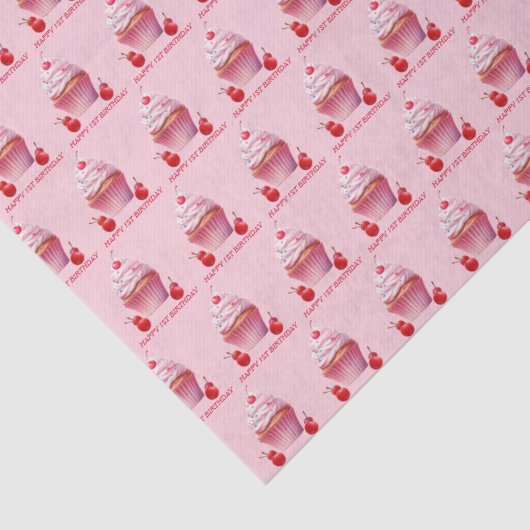 Pink First Cherry & Cupcake Birthday Party Tissuepapier (Detail)