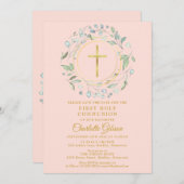 Pink First Heilige Communie Greenery Gold Cross Save The Date (Voorkant / Achterkant)