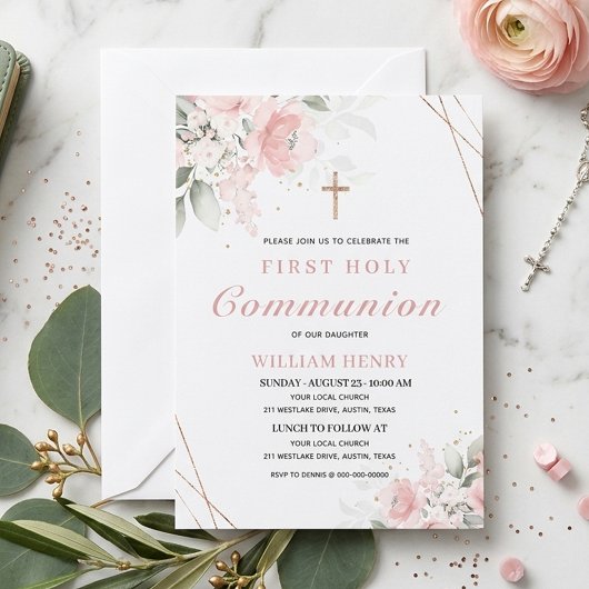 Pink First Holy Communion Invitation Kaart