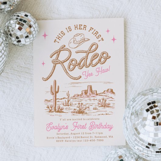 Pink First Rodeo Invitation Kaart