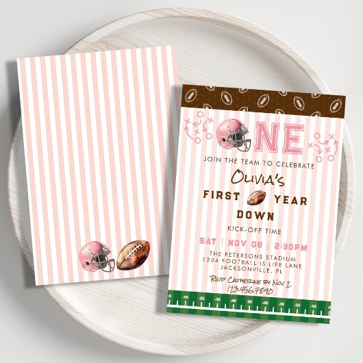 Pink First Year Down Football 1st Birthday Party Kaart