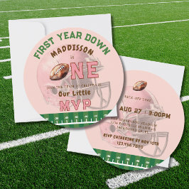 PINK FIRST YEAR DOWN FOOTBALL 1ST BIRTHDAY THEME KAART