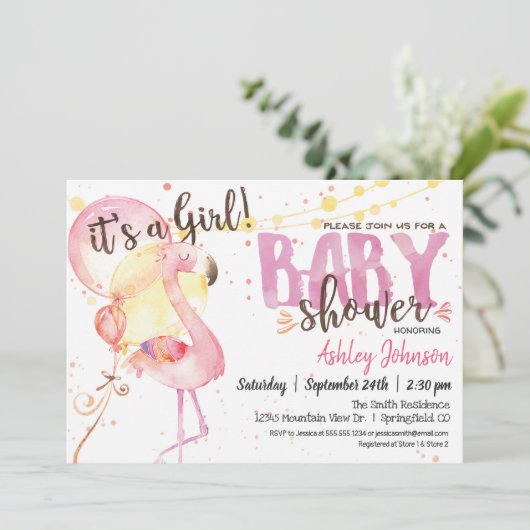 Pink Flamingo Baby shower uitnodiging (Staand voorkant)