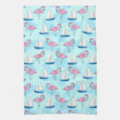 Pink Flamingo Blue Sailboat Tropical Nautical Theedoek (Verticaal)
