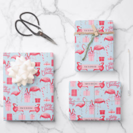 Pink Flamingo Christmas Retro Pastel Blue Inpakpapier Vel