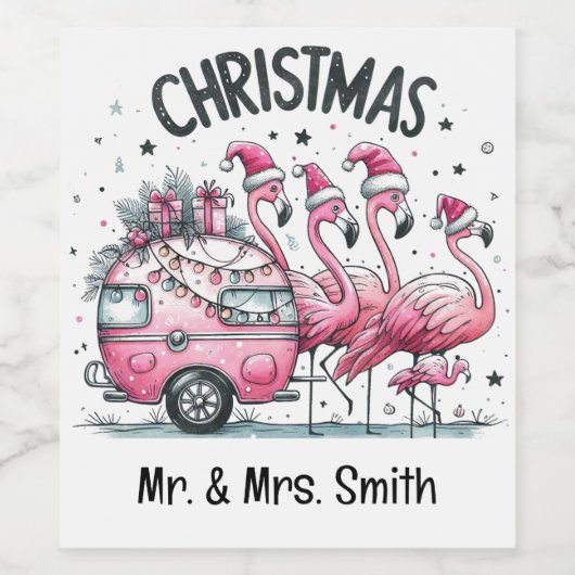 Pink Flamingo Christmas Wijn Etiket (Enkel label)