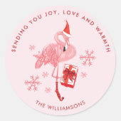 Pink Flamingo Coastal Christmas Waterverf Ronde Sticker (Voorkant)