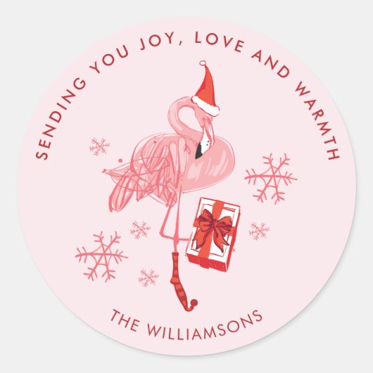 Pink Flamingo Coastal Christmas Waterverf Ronde Sticker (Voorkant)